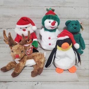 Ty Beanie Babies Vintage Lot Of 5 Christmas Theme - Santa,Rudolph,Snowgirl Etc.